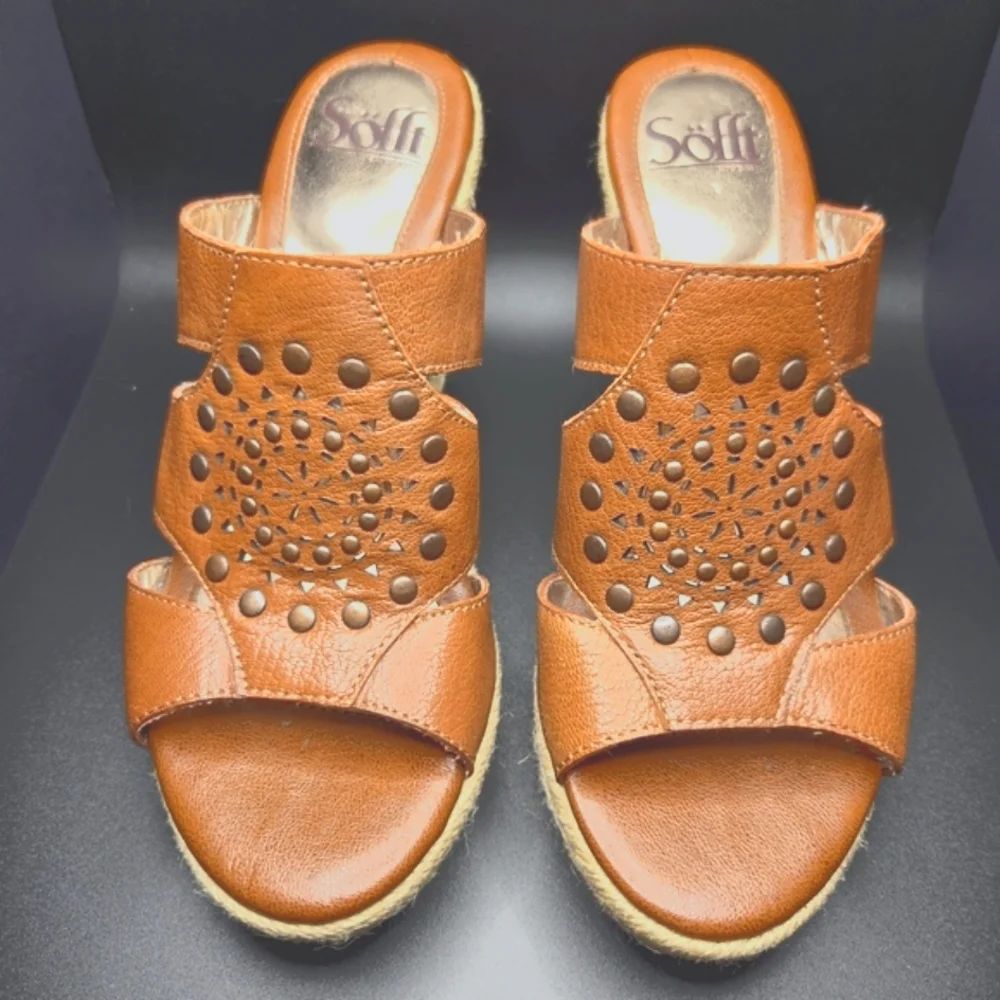 Söfft Leather Studded Cutout Espadrille Wedge Mule Sandals 6.5M Cognac